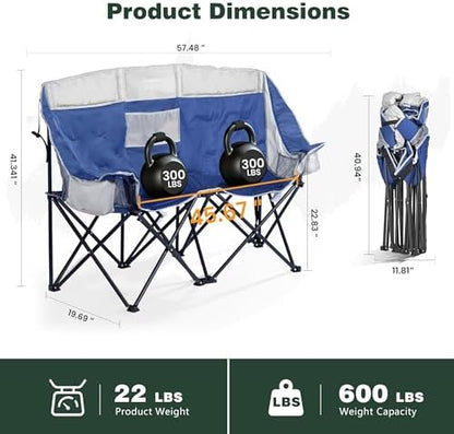 SunnyFeel Double Camping Loveseat Chair, Blue-Cooler, Foldable, Portable, Space Saving, Side Pocket, Cup Holders