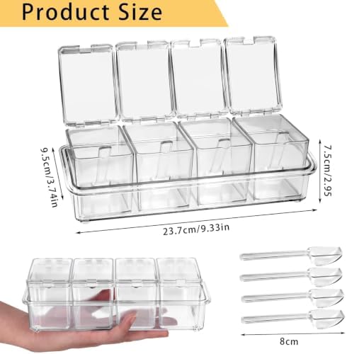 4 Cell Clear Seasoning Box with Spoons, Salt and Pepper Caddy with Tray