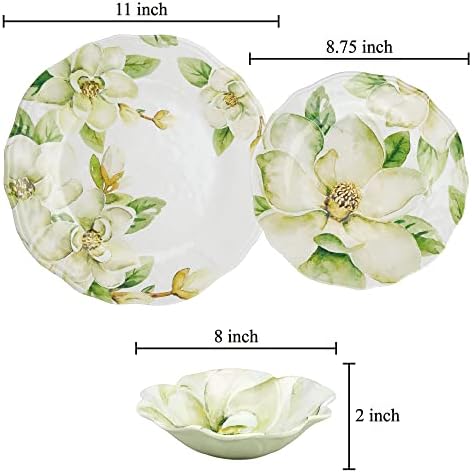 UP 12 Piece Magnolia Melamine Dinnerware Sets, Outdoor Dishes Set, Plates and Bowls Sets, Service for 4, Green
