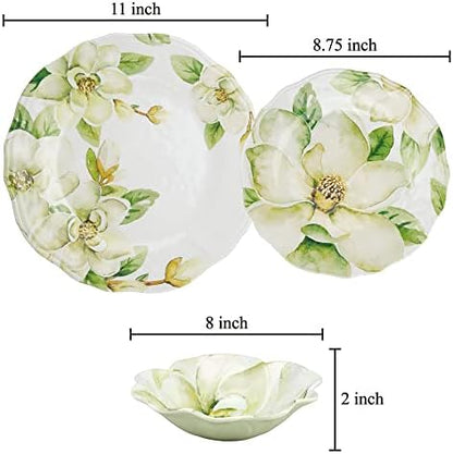 UP 12 Piece Magnolia Melamine Dinnerware Sets, Outdoor Dishes Set, Plates and Bowls Sets, Service for 4, Green