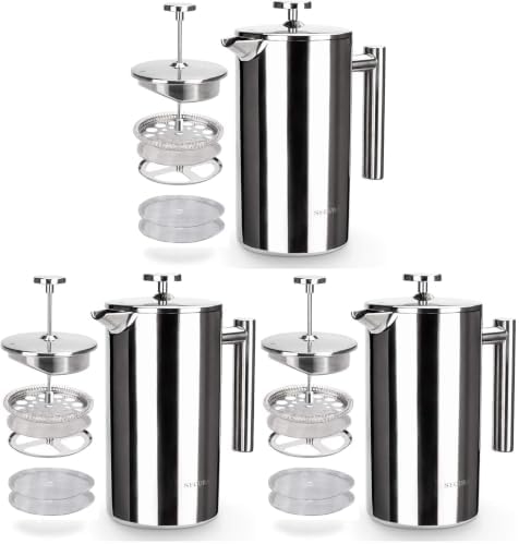Secura French Press Coffee Maker, 304 Grade Stainless Steel Insulated Coffee Press with 2 Extra Screens, 34oz (1 Litre), Silver (Pack of 3)