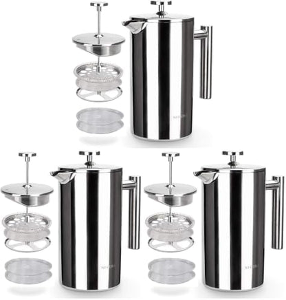 Secura French Press Coffee Maker, 304 Grade Stainless Steel Insulated Coffee Press with 2 Extra Screens, 34oz (1 Litre), Silver (Pack of 3)