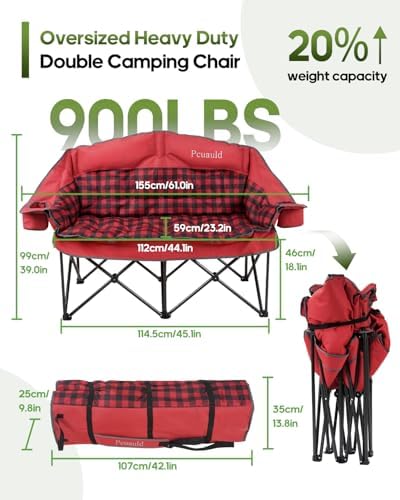 Padded Double Camping Chair Loveseat Oversized Camping Couch, Red