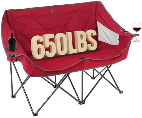 ARROWHEAD OUTDOOR Portable Folding Double Duo Camping Chair Loveseat w/ 2 Cup & Wine Glass Holder, Carrying Bag, Supports up to 500lbs
