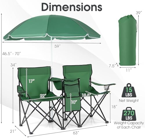 Goplus Double Camping Chairs with Umbrella, Cooler for Beach Patio