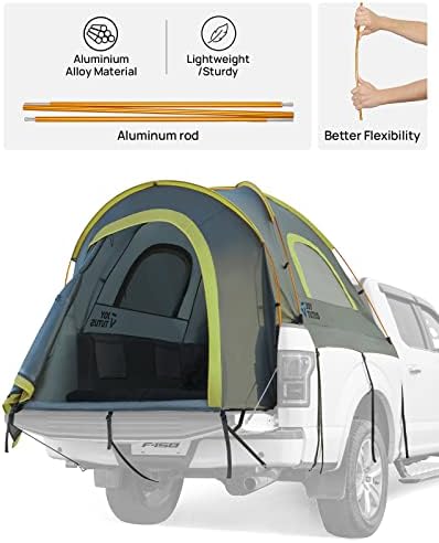 JOYTUTUS Pickup Truck Tent 2.0, Waterproof PU2000mm Double Layer for 2 Person, Portable Truck Bed Tent with Rainfly, 5.5'-5.8' Camping Preferred - Green, Aluminum Poles