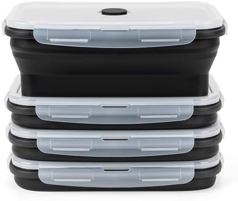 Collapsible Silicone Food Storage Containers Set with Lid & Air Vent,Foldable Lunch Containers(4PCS,Black,40oz)