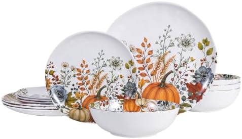 12pcs Melamine Dinnerware Set - Fall Pumpkin Plates and Bowls for RV