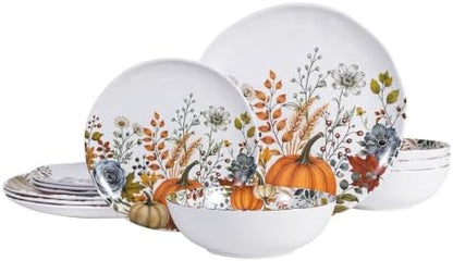 12pcs Melamine Dinnerware Set - Fall Pumpkin Plates and Bowls for RV