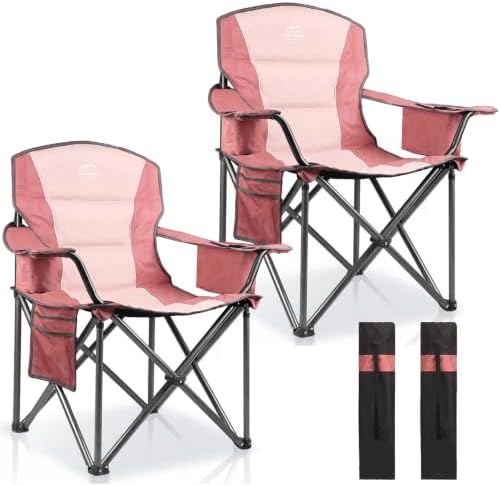 2 Pack Padded Oversized Camping Chairs for Adults,Heavy Duty Support 400 Lbs,Folding Portable Lawn Chair w/Cup Holder,Cooler Bag,Side Pocket,Perfect for Outdoor Picnic,Hiking(Pink)