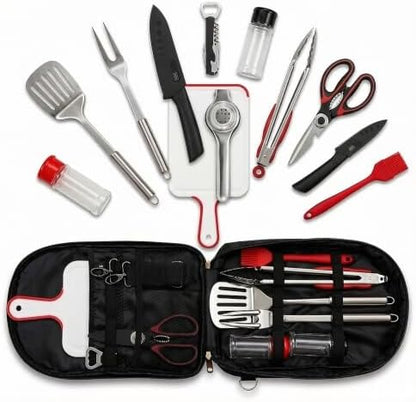 12 Pcs Camping Cooking Utensil Set, Camp Kitchen Set with Organizer Bag, Stainless Steel Outdoor Cooking and Grilling Utensil Organizer for Travel, Picnics, Camping, BBQs, Parties