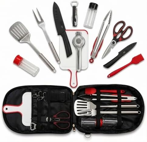 12 Pcs Camping Cooking Utensil Set, Camp Kitchen Set with Organizer Bag, Stainless Steel Outdoor Cooking and Grilling Utensil Organizer for Travel, Picnics, Camping, BBQs, Parties