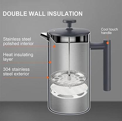 Secura French Press Coffee Maker, 304 Grade Stainless Steel Insulated Coffee Press with 2 Extra Screens, 34oz (1 Litre), Grey (Pack of 2)