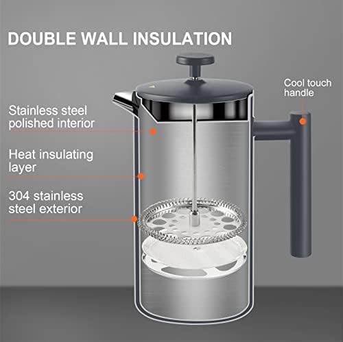 Secura French Press Coffee Maker, 304 Grade Stainless Steel Insulated Coffee Press with 2 Extra Screens, 34oz (1 Litre), Grey