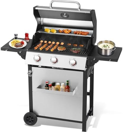 3-Burner Propane Gas Grill with Double-layer Lid, Stainless Steel Hanging Basket & Easy-to-Clean Design – 30,000 BTU BBQ Grill with 2 Folding Sides and Wheels for Outdoor Backyard Patio