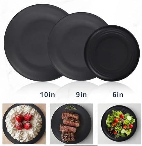 Wrova Wheat straw dinnerware sets of 40-10 inches plates,9 inches plates,6inches snack plate,26oz bowls,12oz cups - Unbreakable plates and bowls sets microwave safe and dishwasher safe. Black