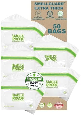 Smelly Proof 50 x Reusable Food Storage Bags, Reusable Snack Bags, Stand-Up Expandable “Stand & Fill”, Dishwasher-Safe, Clear 3-Mil 6” x 4”, US Made, BPA FREE, NO PEVA, 50-pk