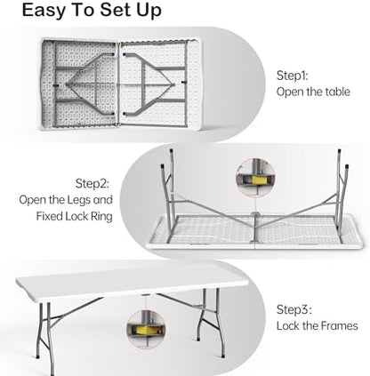 VSOAEIL 6 Foot Folding Table 2 Pack, 6 FT Foldable Plastic Table Heavy Duty