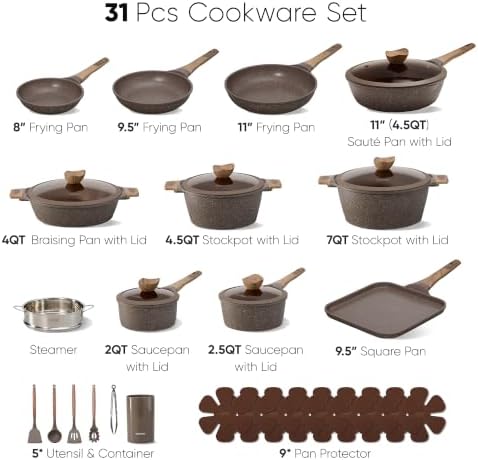 CAROTE 31pcs Nonstick Pots and Pans Set, Cookware Sets with Square Pan