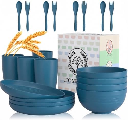 Wheat Straw Dinnerware Sets, Homienly 20pcs Unbreakable Microwave Dishwasher Safe Tableware Lightweight Bowls, Cups, Plates Set Reusable Dinner Plates Bowls set (Blue)