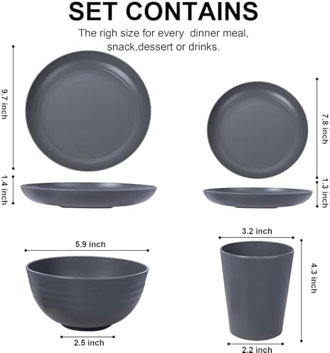 LIYH 16pcs Wheat Straw Dinnerware Sets - Unbreakable Dinnerware Sets for 4, Plastic Plates and Bowls Set Reusable Tableware Plates Dishes Set for 4 Dark Grey 8 Plate 4 Bowls 4 Cups