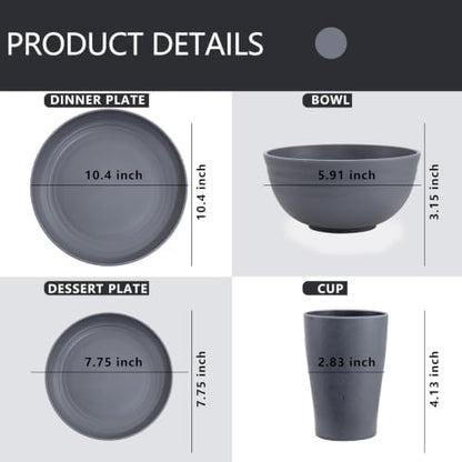 Supernal 24pcs Dark Gray Wheat Straw Dinnerware Set Reusable Plates