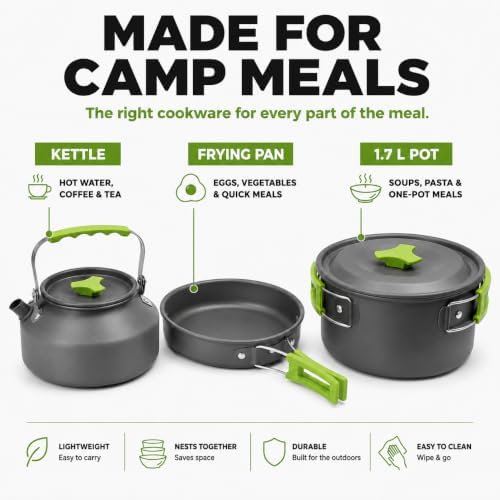 MalloMe Camping Cookware Mess Kit for Backpacking Gear – Camping Cooking Set - Camping Pots and Pans Set - Backpacking Stove/Portable Stove Compatible - Camp Kitchen Equipment Accessories Pot