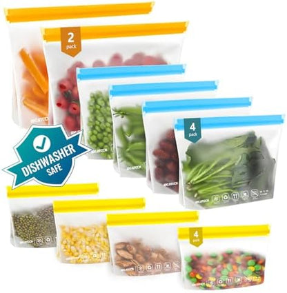 IDEATECH 12Pack Food Storage Bags Dishwasher Safe, BPA Free Reusable Snack Bags, Leakproof Reusable Gallon Freezer Bags for Lunch,Travel(2Gallon 4Quart 4Snack, Colored)