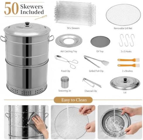 Portable Stainless Steel Charcoal Grill, Smokeless Barrel BBQ Grill with 50 Skewers, Large Capacity 360° Outdoor Cooking for Camping, Picnic, and Backyard Barbecue
