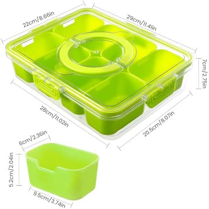 Dingerjar Divided Serving Tray with Lid and Handle - Snackle Box Charcuterie Container for Portable Snack Platters Organizer for Candy, Fruits, Nuts, Snacks - Perfect for Party, Entertaining, Green