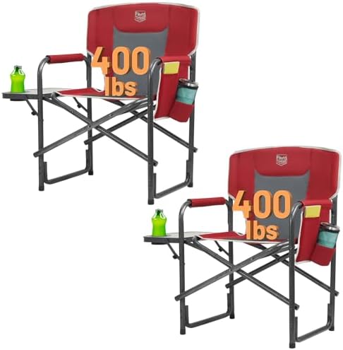 TIMBER RIDGE Aluminum Oversized Camping Chair, Lightweight Portable Directors Chair with Side Table Detachable Side Pocket for Outdoor Camping, Lawn, Picnic, Support 400lbs Red 2 Pack