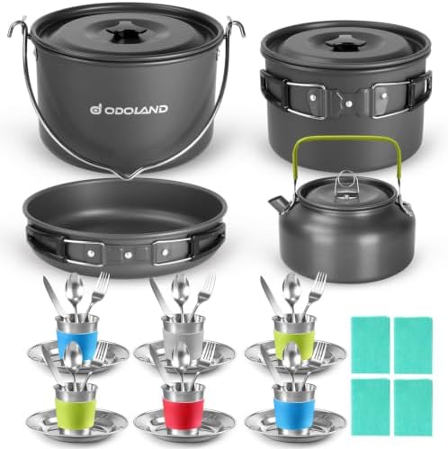 Odoland 39pcs Camping Cookware Mess Kit, Non-Stick Large Size Hanging Pot Pan Kettle with Base Dinner Cutlery Sets for 6 and More, Cups Dishes Forks Spoons Kit for Outdoor Camping Hiking Picnic