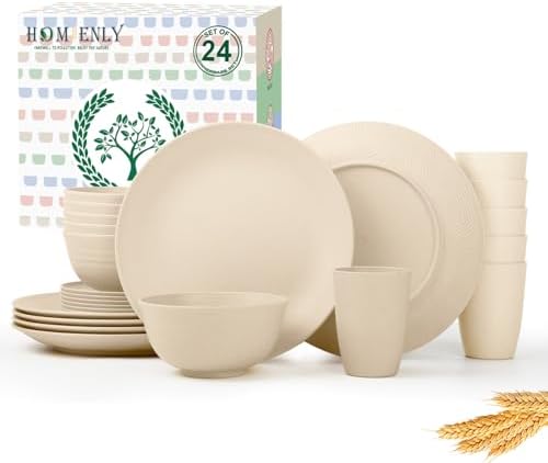 Homienly 24 PCS Premium Wheat Straw Dishes Set for 6, Reusable Plates and Bowls Sets,Cups,Lightweight & Unbreakable Dishwasher and Microwave Safe Dinnerware Sets for Kitchen,Outdoor- Beige