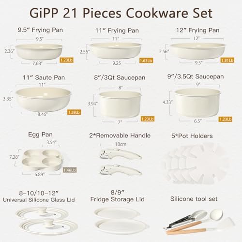 GIPP Pots and Pans Set Non Stick,Kitchen Cookware Set Detachable Handle, Non Toxic Cooking Pan Set with Frying Pans Set,RV Cookware Sets for All Stoves, Cream White, 21PCS