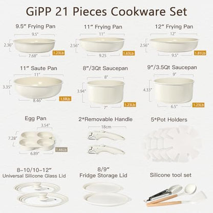 GIPP Pots and Pans Set Non Stick,Kitchen Cookware Set Detachable Handle, Non Toxic Cooking Pan Set with Frying Pans Set,RV Cookware Sets for All Stoves, Cream White, 21PCS