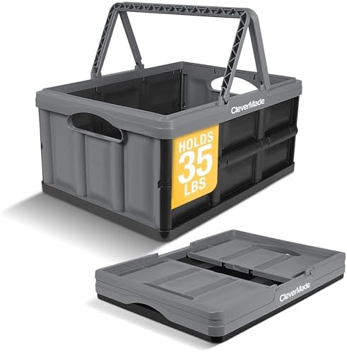 CleverMade Collapsible Shopping Basket, 32L Storage Crate, 1 Pack, Stone