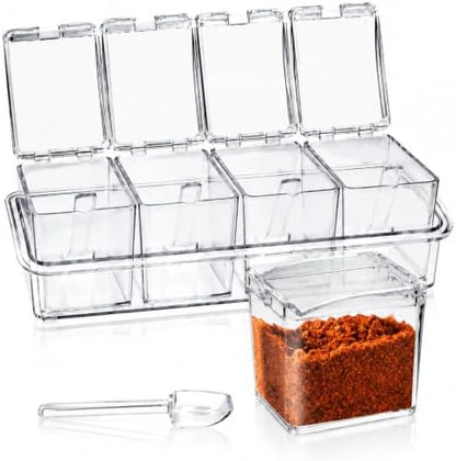 4 Cell Clear Seasoning Box with Spoons, Salt and Pepper Caddy with Tray