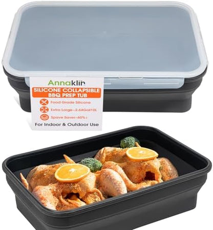 Silicone Collapsible Marinating Container with Lid for Meat, 2.64Gal/10L, Extra Large Collapsible BBQ Prep Tub, Transparent Locking Lid, XL Grill Prep Trays and Carry System, BBQ Must-Have, Black