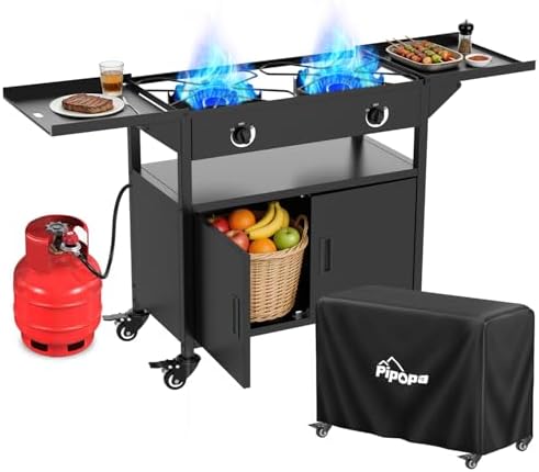 2 Burner Propane Camping Stove Outdoor|150000 BTU|Side Shelf with Cabinet