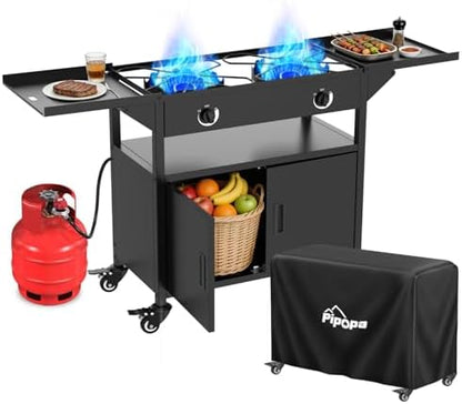 2 Burner Propane Camping Stove Outdoor|150000 BTU|Side Shelf with Cabinet