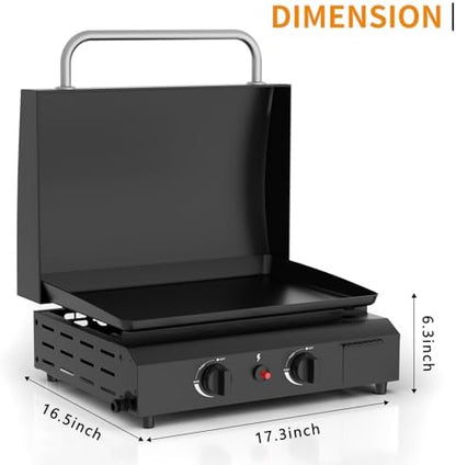 2 Burner BBQ Gas Griddle with Hood, 17.3 Inch Stainless Steel Portable Detachable Propane Griddle, 60,000 BTU Flat Top Grill with Lid for Camping, Black