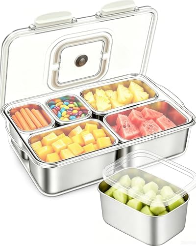 Snackle Box Container, Stainless Steel Divided Serving Tray with Lid and Handle, Large Snack Tray for Fruit Veggie Candy, 5-Compartment Snack Platter for Travel Party Beach Picnic