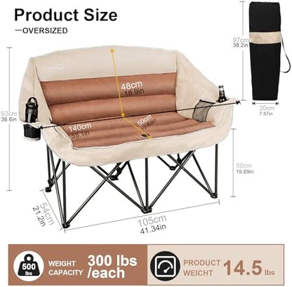 Double Folding Camping Chair Fully Padded Loveseat Camping Couch Oversized 2 Person Lawn Chair Sofa w/Cup Holder,Wine Glass Holder,Mesh Storage for Patio Picnic Beach,Support 600lbs,Cream