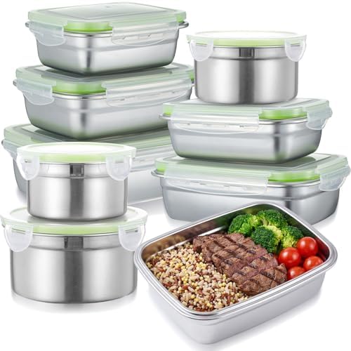 8 Pcs 304 Stainless Steel Food Storage Containers with Lids Leakproof, Reusable Airtight Meal Preparation Container Round and Square Stackable Food Container for Kitchen Picnic(Green Lids)