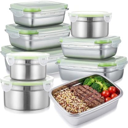 8 Pcs 304 Stainless Steel Food Storage Containers with Lids Leakproof, Reusable Airtight Meal Preparation Container Round and Square Stackable Food Container for Kitchen Picnic(Green Lids)