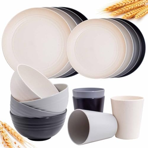 Rubtlamp Wheat Straw Dinnerware Sets, 16PCS Plastic Dinnerware Set for 4, Wheat Straw Plates and Bowls Sets, Unbreakable Dinnerware Plastic Microwave Safe Dishes Set for Kitchen&Camping