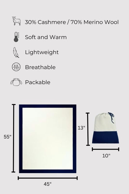 Jet&Bo Luxurious Cashmere Merino Blend Travel Blanket, Airplane-Ready in Packable Pouch, Soft, Lightweight and Breathable (White and Navy)