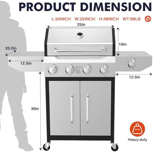 Llamaviva 4 Burner Gas Grill with Side Burner 60000 BTU Propane Flat Top Grill Stainless Steel Outdoor BBQ Grill Portable with Wheels for Patio Camping