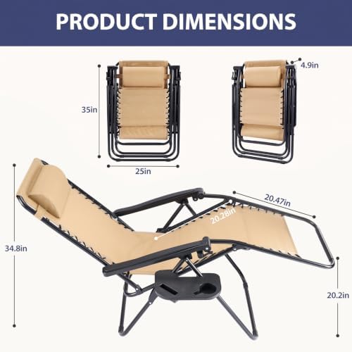 Sweetcrispy Zero Gravity Chairs, Set of 2 Portable Recliner Beach Camping Patio Outdoor Folding Lounge Chair with Cup Holder Trays and Adjustable Pillow for Poolside, Garden, Backyard, Lawn, Khaki