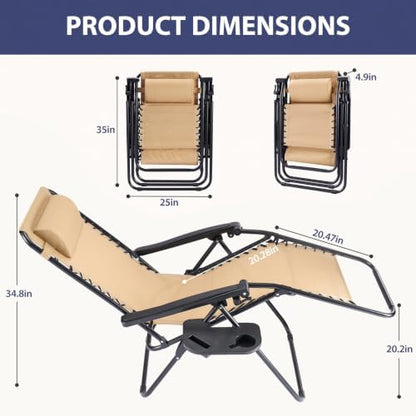 Sweetcrispy Zero Gravity Chairs, Set of 2 Portable Recliner Beach Camping Patio Outdoor Folding Lounge Chair with Cup Holder Trays and Adjustable Pillow for Poolside, Garden, Backyard, Lawn, Khaki